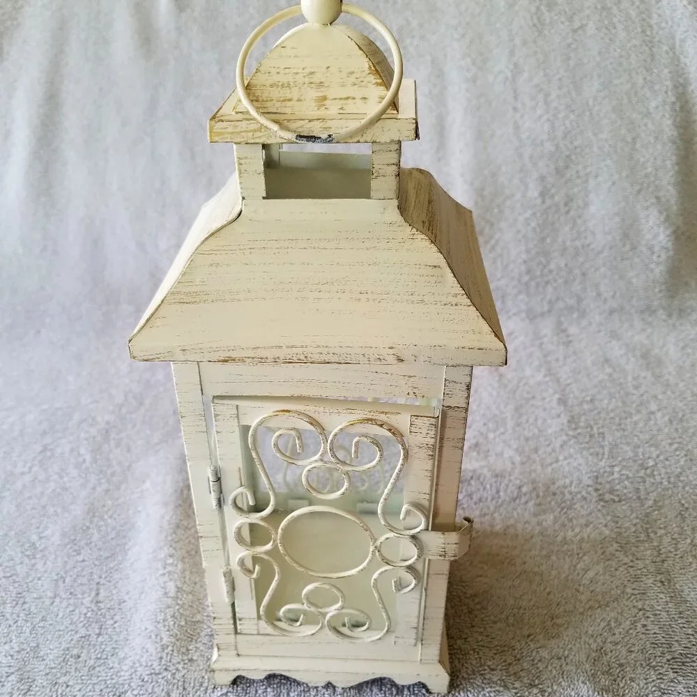 ASHLAND'S ELEGANT LANTERN ANTIQUE FILIGREE OFF WHITE - DISTRESSED DESIGN METAL